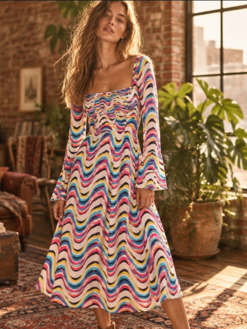 Kate Spade Abstract Wave Midi Dress in Multicolor